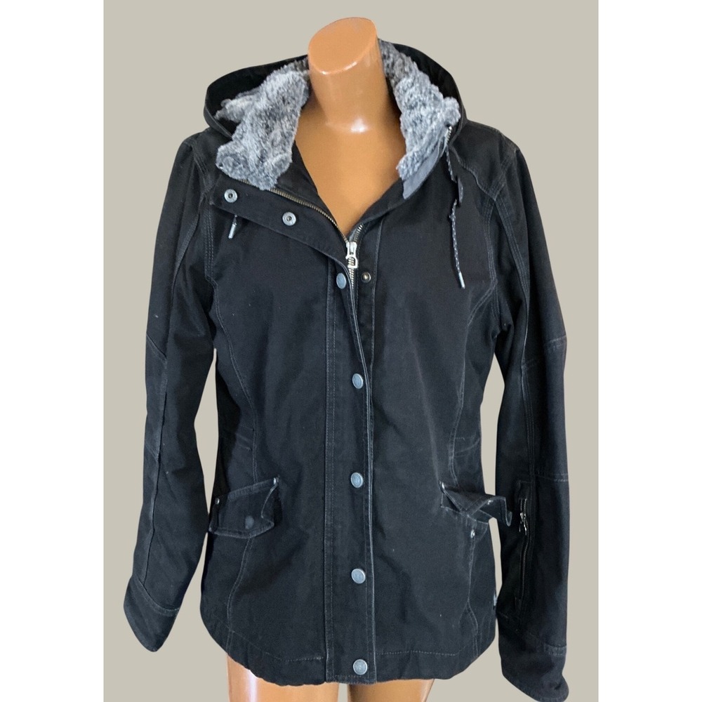 Noble Outfitters Canvas Work Jacket Faux Fur Hood Black Large Barn Coat